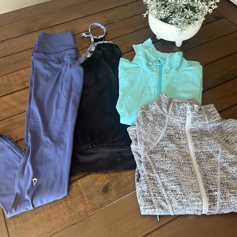 Ivivva Girls Purple Leggings with Black Tank and Teal Hoodie - Activewear Set